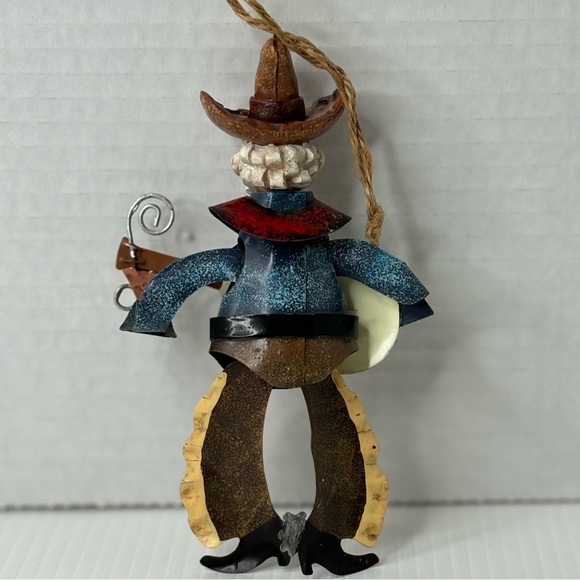 Rustic Tin Metal Singing Cowboy Playing Guitar Marionette Christmas Ornament - Picture 3 of 6